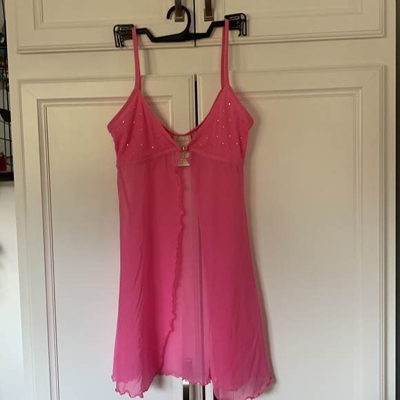 Silk&Satin pink sheer sparkling crystals open front chemise babydoll cami S - Picture 11 of 13